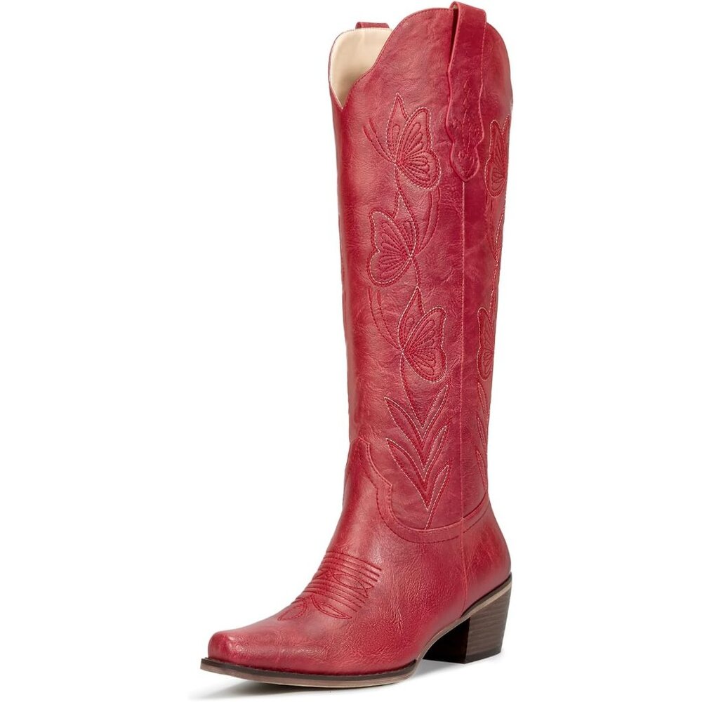 Women's Retro Red Butterfly Faux Leather Embroidered Zipper Chunky Heel Boot